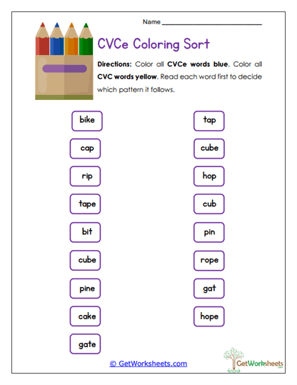 CVCe Coloring Sort Worksheet
