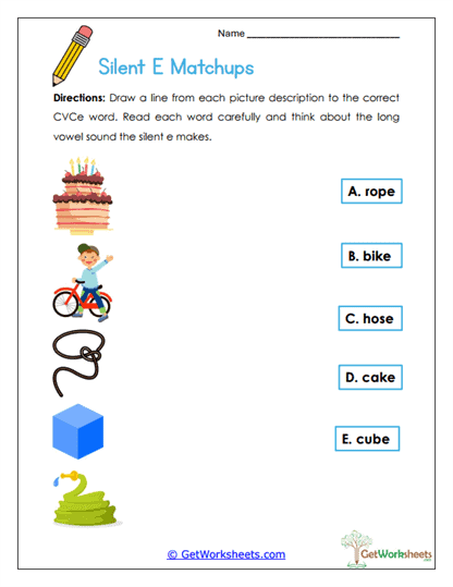 Silent E Matchups Worksheet