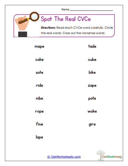 Spot the Real CVCe Worksheet