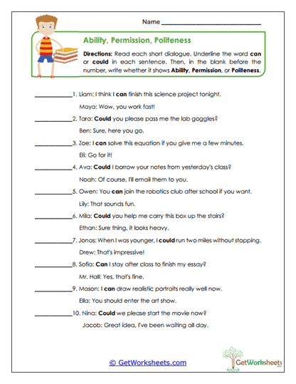 Ability, Permission, or Politeness? Worksheet