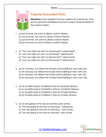 Properly Punctuated Picks Worksheet