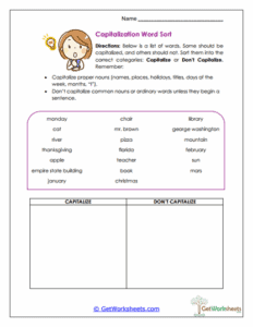 Capitalization Sorting Capitalization Word Sort Worksheet - Proper Noun and Common Noun Practice