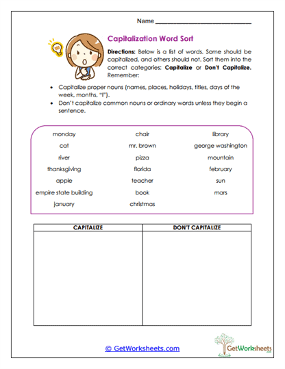 Capitalization Word Sort Worksheet