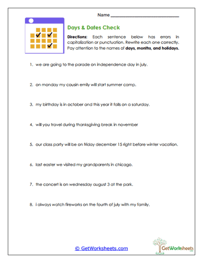 Days & Dates Check Worksheet