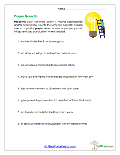 Proper Noun Fix Worksheet