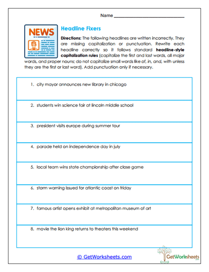 Headline Fixers Worksheet