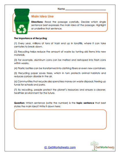 Main Idea Line Worksheet