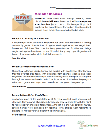 Main Idea Headlines Worksheet