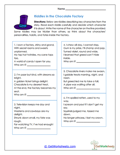 Riddles in the Chocolate Factory Worksheet