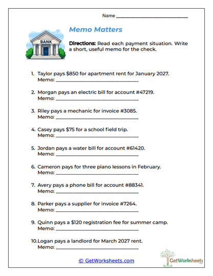 Memo Line Purpose Worksheet