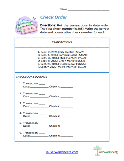 Checkbook Sequence Worksheet