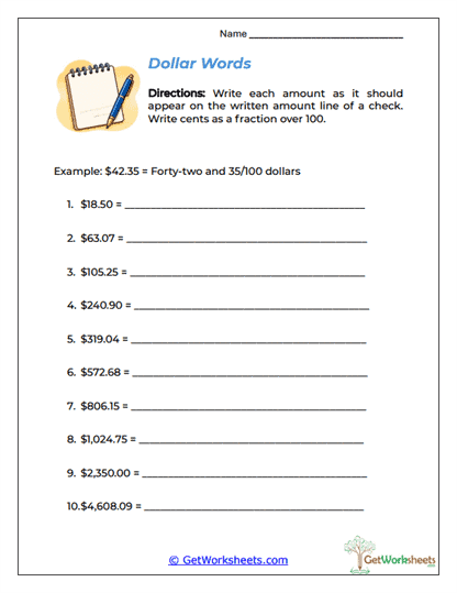Dollar Amounts in Words Worksheet