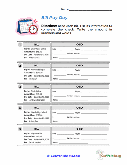 Bill-to-Check Transfer Worksheet