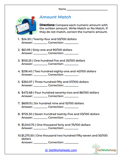 Numeric-to-Written Amount Match Worksheet