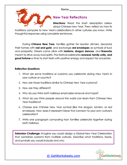 New Year Reflections Worksheet