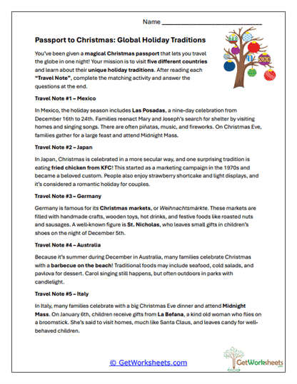 Passport to Christmas Worksheet