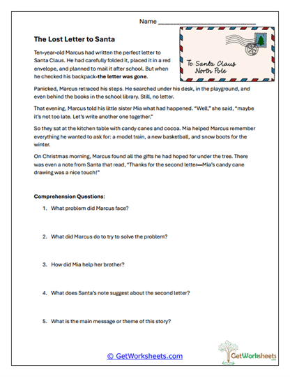 The Lost Letter to Santa Worksheet