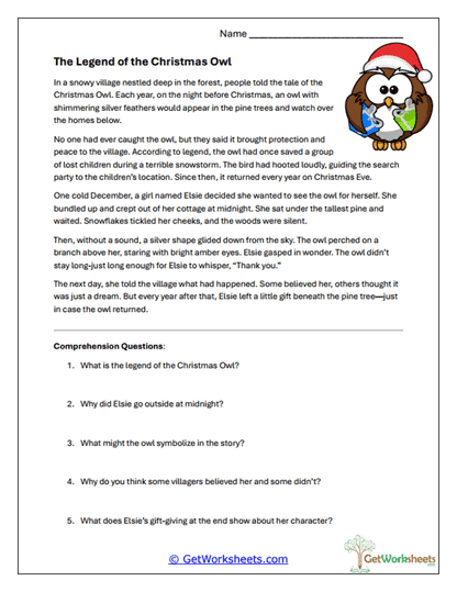 Legend of the Christmas Owl Worksheet