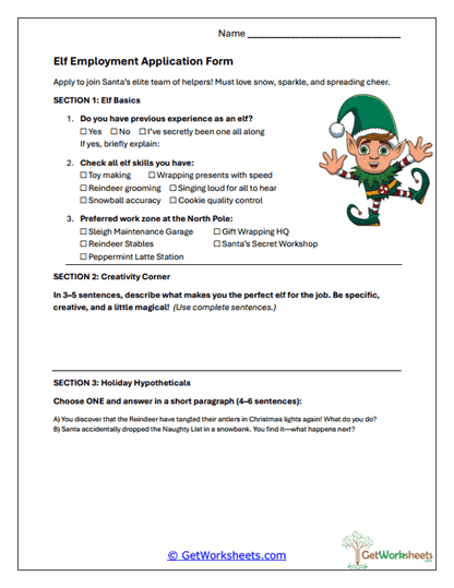 Elf Employment Application Form Worksheet