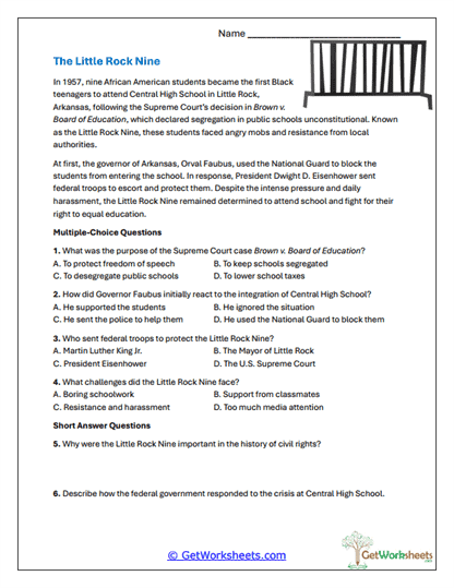 The Little Rock Nine Worksheet