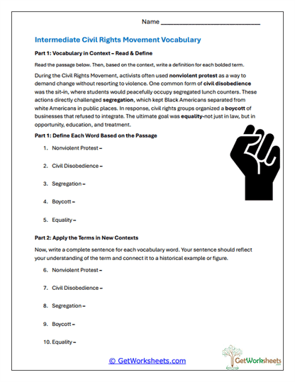 Intermediate Vocab Worksheet