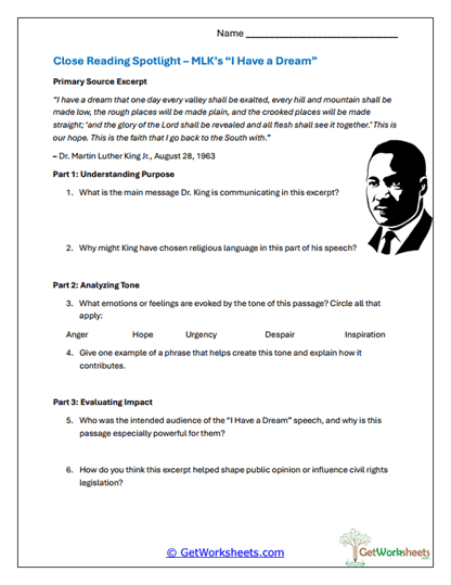 "I Have a Dream" Close Reading Worksheet