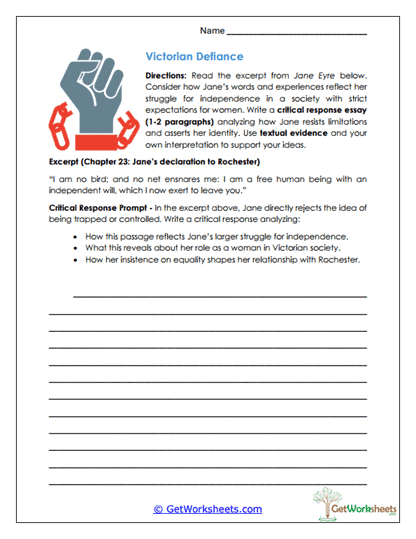 Jane Eyre Independence Response Worksheet