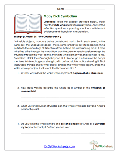 Moby Dick Symbolism Worksheet