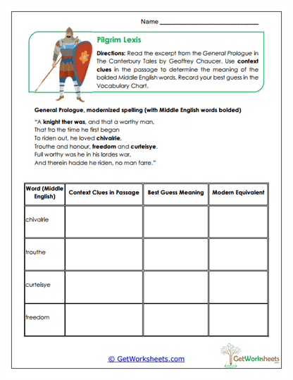 Chaucer Vocabulary Study Worksheet