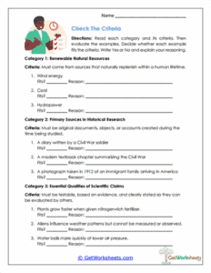 Criteria Checker Worksheet - Applying Definitions and Evidence