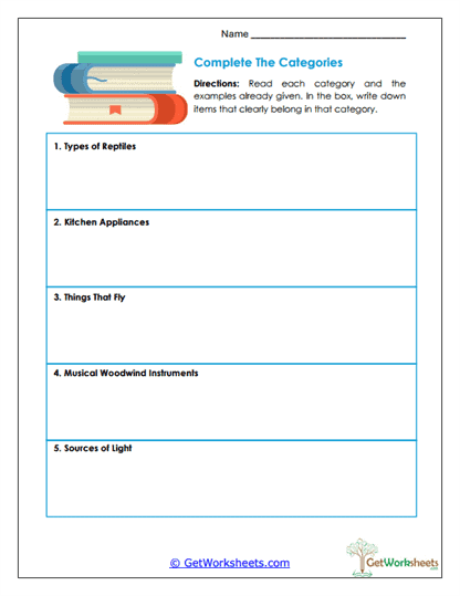 Category Completion Worksheet