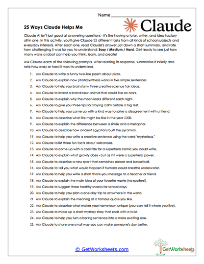 25 Claude Tasks Worksheet