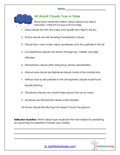 Cloud True or False Worksheet