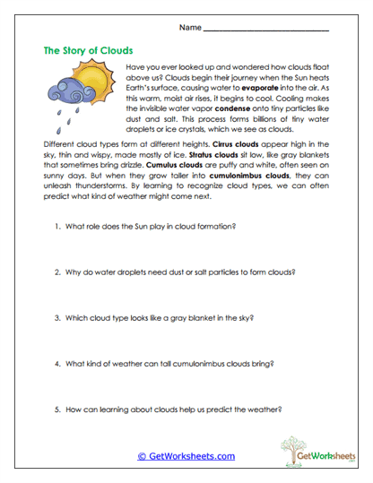Story of Clouds Worksheet