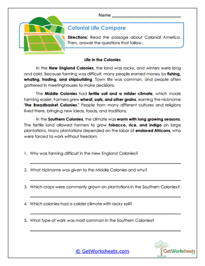 Colonial Regions Comparison Worksheet