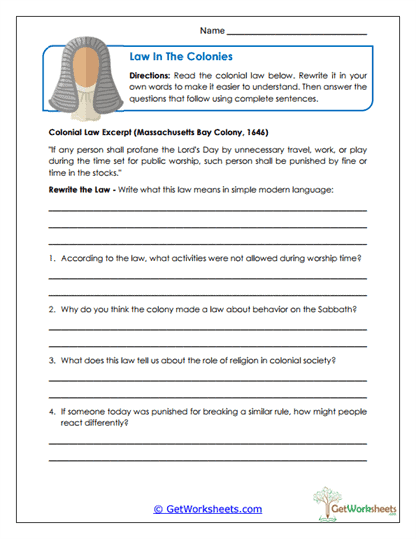 Law in the Colonies Worksheet