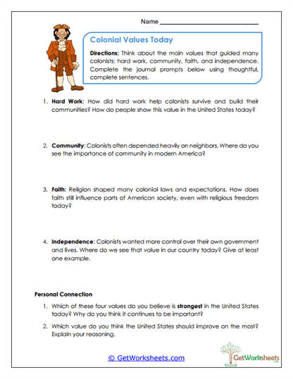 Colonial Values Today Worksheet