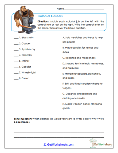 Colonial Jobs and Trades Worksheet
