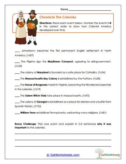 Timeline of Colonial Events Worksheet