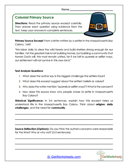 Colonial Primary Source Reading Worksheet