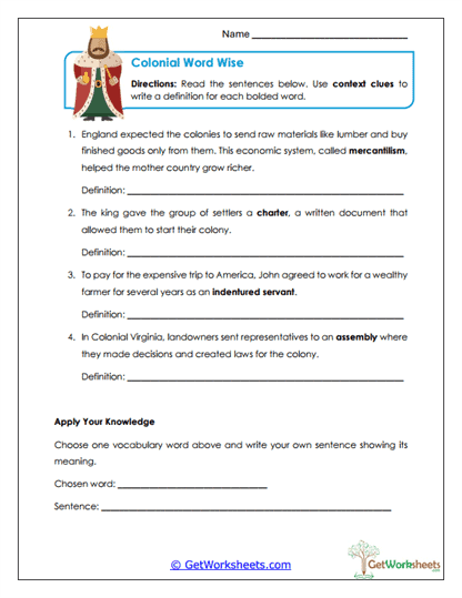 Colonial Vocabulary in Context Worksheet