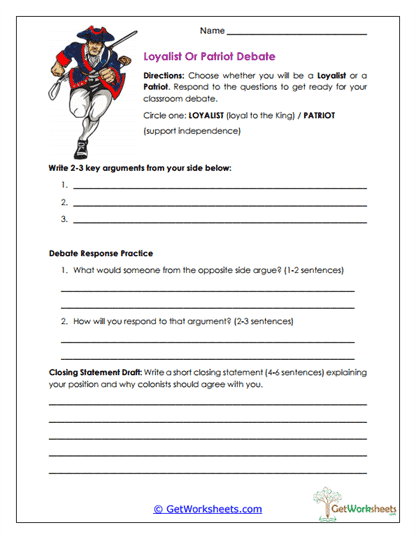 Loyalist vs. Patriot Debate Worksheet