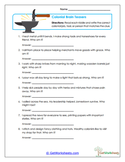 Colonial Brain Teasers Worksheet