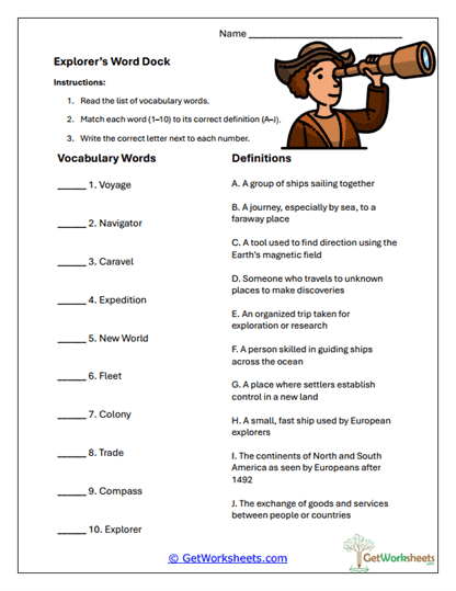 Explorer's Word Dock Worksheet