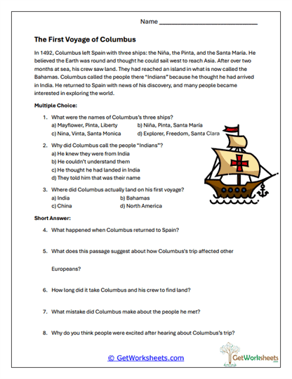 First Voyage of Columbus Worksheet