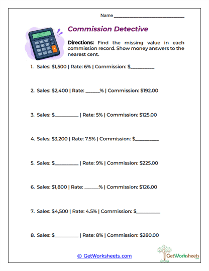 Missing Commission Solver Worksheet