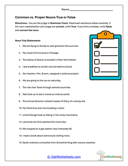 Grammar Court Nouns Worksheet