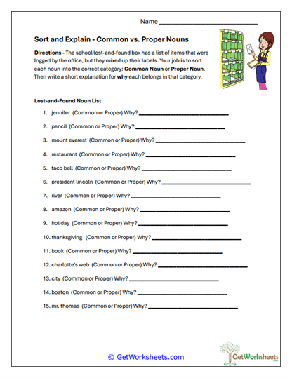 Lost and Found Nouns Worksheet