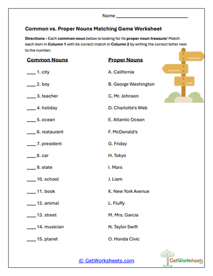 Matching Noun Pairs Worksheet