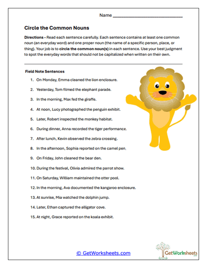Common Noun Safari Worksheet